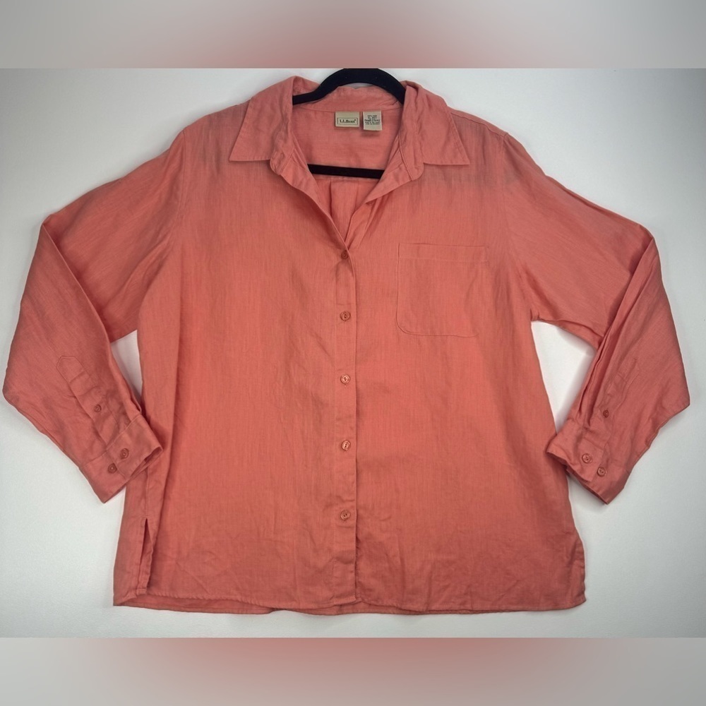 L.L. Bean 100% Linen Orange Button Down Shirt XL Petite